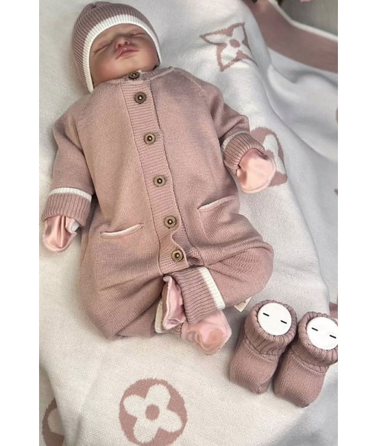 Вязаный комбинезон шапочка пинетки Личи пудра