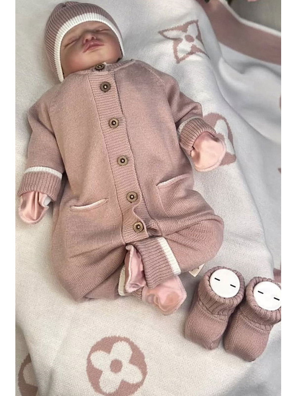 Вязаный комбинезон шапочка пинетки Личи пудра