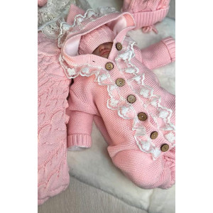 Вязаный комбинезон с кружевом Мишка розовый