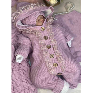 Вязаный комбинезон с кружевом Мишка пудра