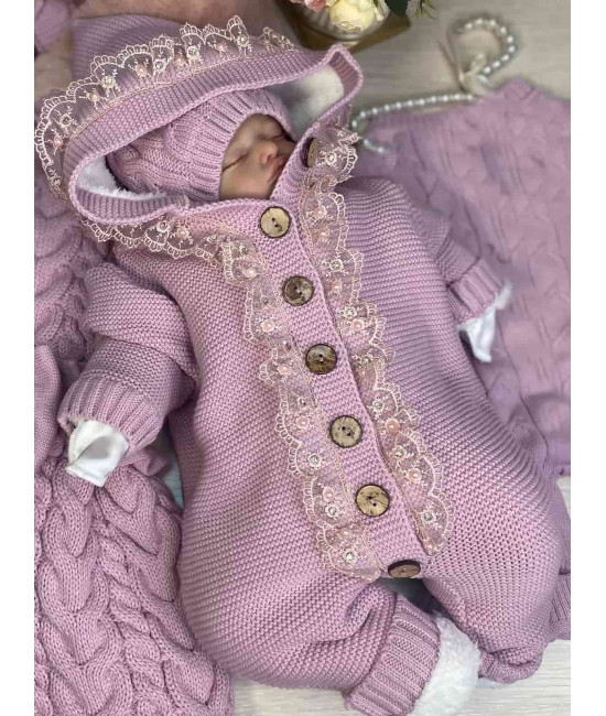 Вязаный комбинезон с кружевом Мишка пудра