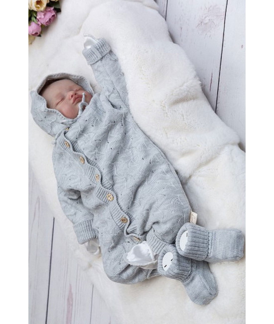 Вязаный комбинезон шапочка пинетки Нила серый