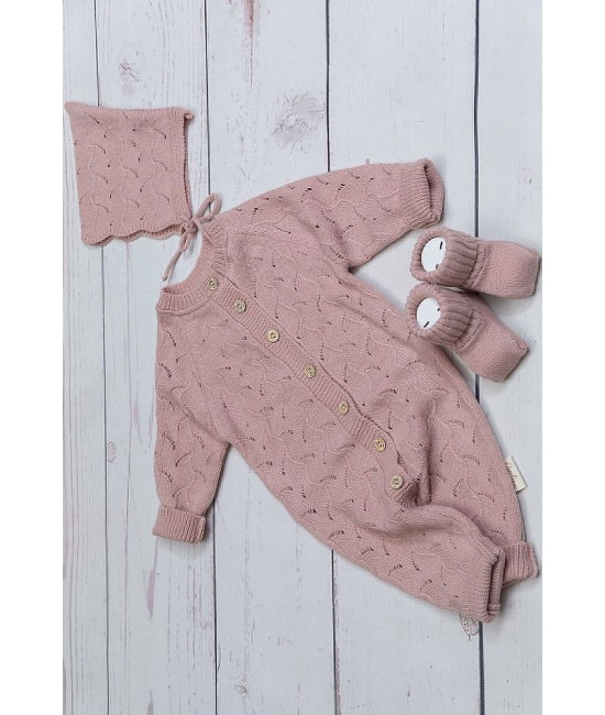 Вязаный комбинезон шапочка пинетки Нила пудра