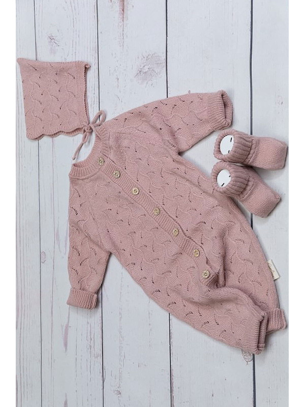 Вязаный комбинезон шапочка пинетки Нила пудра