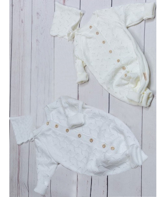 Вязаный комбинезон шапочка пинетки Нила белый и молочный