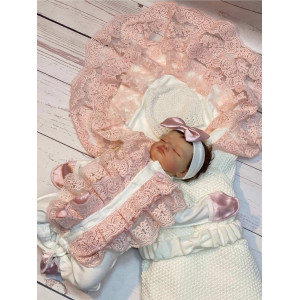 Летний вязаный комплект на выписку Рис Изабелла молочный-пудра