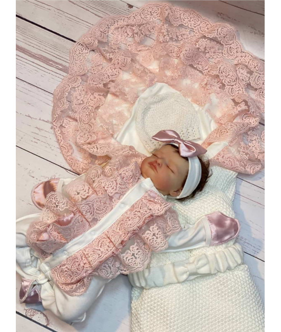 Летний вязаный комплект на выписку Рис Изабелла молочный-пудра