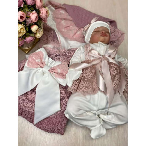 Летний вязаный комплект на выписку Рис кокетка пудра