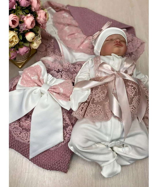 Летний вязаный комплект на выписку Рис кокетка пудра