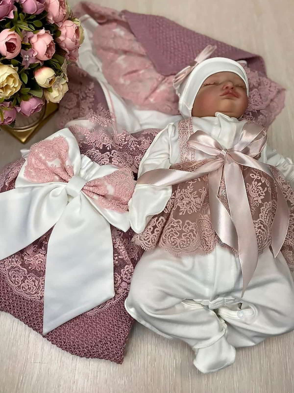 Летний вязаный комплект Рис кокетка пудра