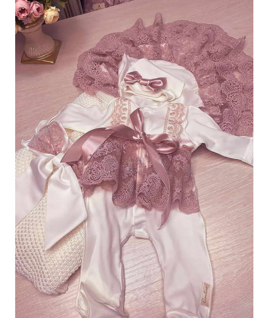 Летний вязаный комплект на выписку Рис кокетка молочный-пудра