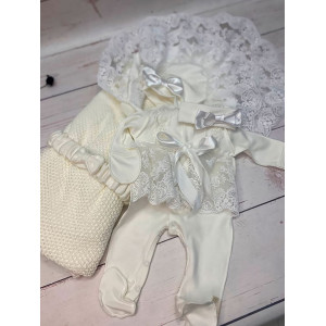 Летний вязаный комплект на выписку Рис кокетка молочный