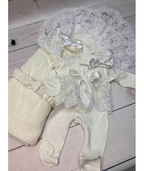 Летний вязаный комплект на выписку Рис кокетка молочный