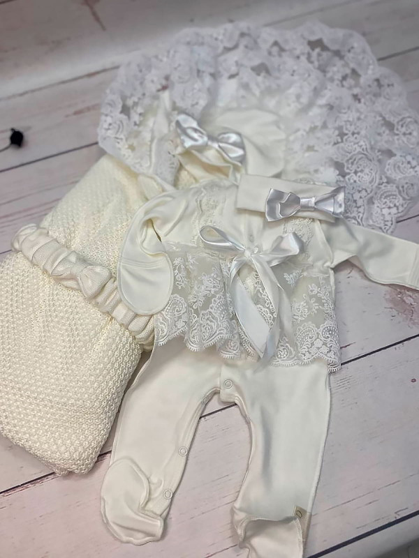 Летний вязаный комплект Рис кокетка молочный