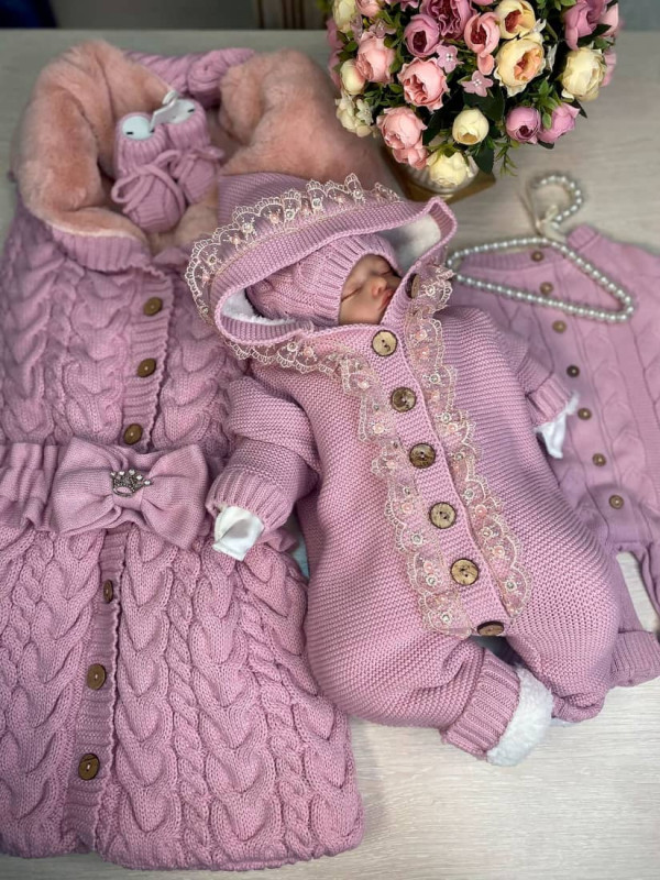 Демисезонный вязаный комплект Рози-Мишка пудра