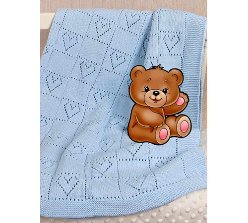 Вязаный плед для новорожденных Сердечки голубой