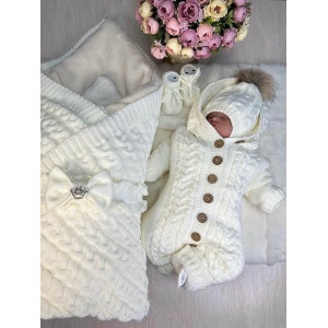 Вязаный комплект на выписку Коса Лайт-Рози молочный