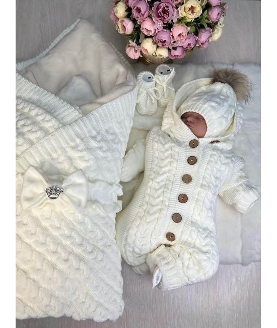 Вязаный комплект на выписку Коса Лайт-Рози молочный