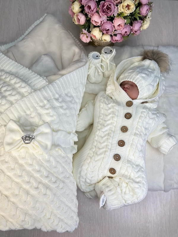 Демисезонный вязаный комплект Коса Лайт-Рози молочный
