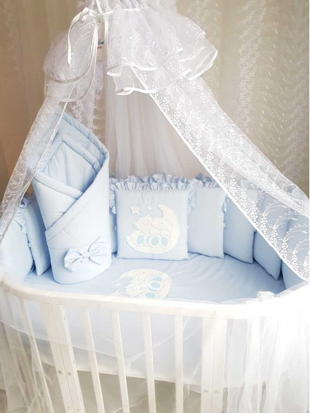 Комплект в круглую кроватку Диана-Мишки на луне голубой