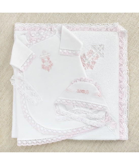 Крестильный набор Лоза розовая с кружевным полотенцем