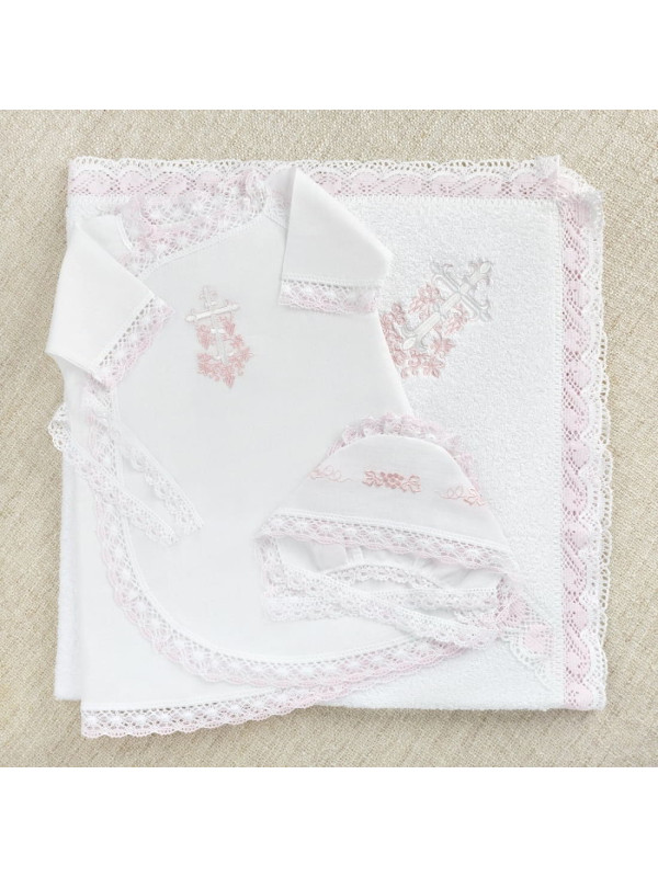 Крестильный набор Лоза розовая с кружевным полотенцем