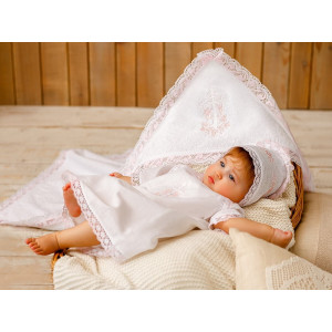 Крестильный набор Лоза розовая с кружевным полотенцем