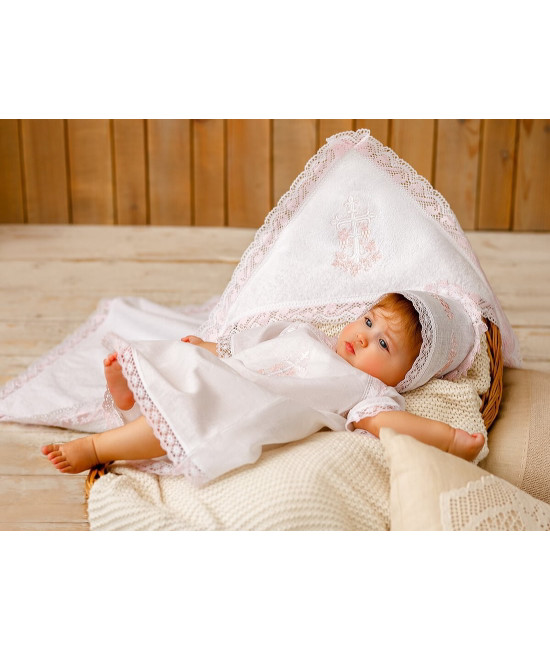 Крестильный набор Лоза розовая с кружевным полотенцем