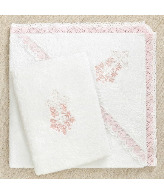 Крестильный набор Лоза розовая с кружевным полотенцем
