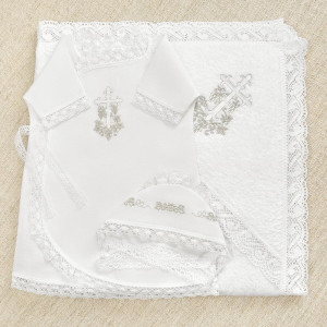 Крестильный набор Лоза серебряная с кружевным полотенцем