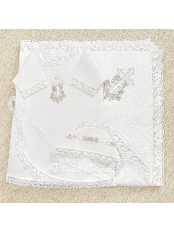Крестильный набор Лоза серебряная с кружевным полотенцем