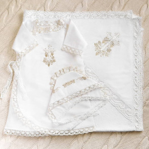 Крестильный набор Лоза золотая с кружевным полотенцем