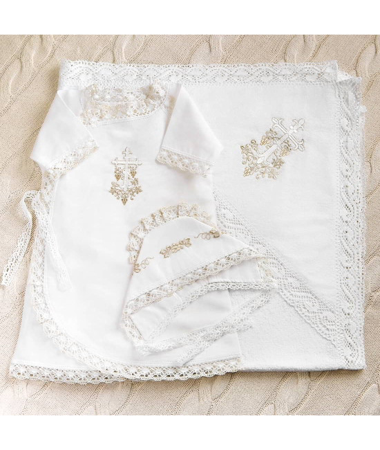 Крестильный набор Лоза золотая с кружевным полотенцем