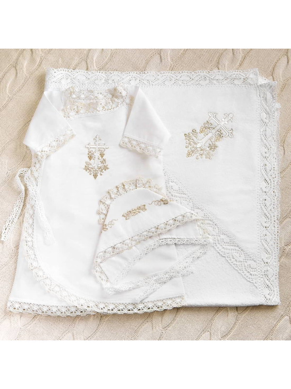 Крестильный набор Лоза золотая с кружевным полотенцем