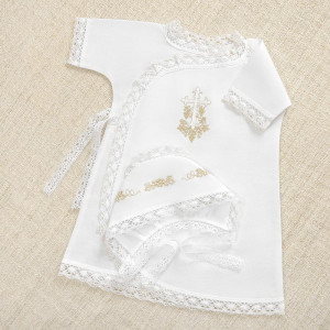 Крестильный набор Лоза золотая с кружевным полотенцем