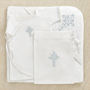 Крестильный набор Перышко голубое с махровым уголком