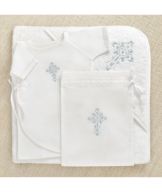 Крестильный набор Перышко голубое с махровым уголком