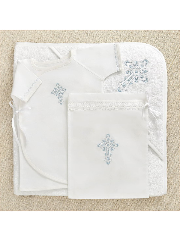 Крестильный набор Перышко голубое с махровым уголком