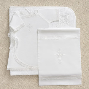 Крестильный набор Перышко кружевное с махровым уголком