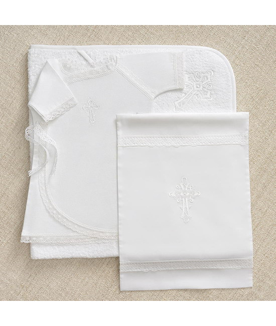 Крестильный набор Перышко кружевное с махровым уголком