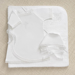 Крестильный набор Перышко кружевное с махровым уголком