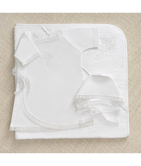 Крестильный набор Перышко кружевное с махровым уголком
