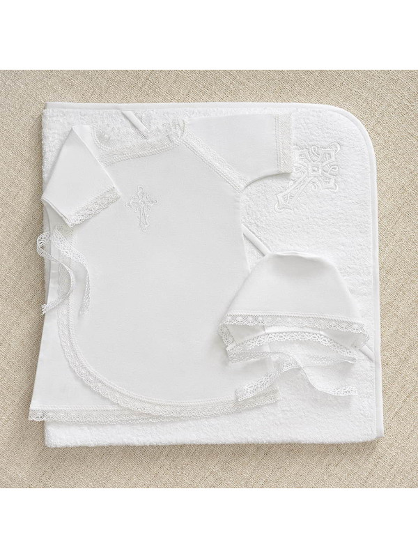 Крестильный набор Перышко кружевное с махровым уголком