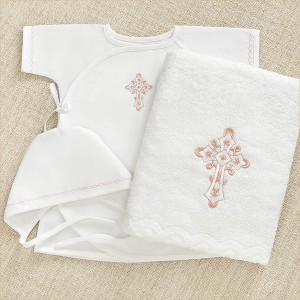 Крестильный набор Перышко розовое с классическим полотенцем