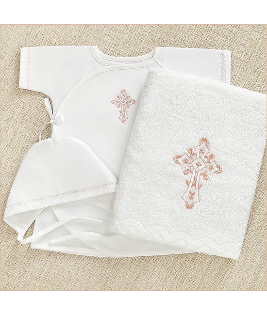 Крестильный набор Перышко розовое с классическим полотенцем