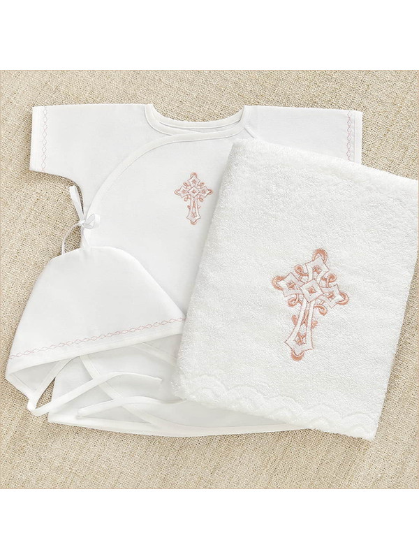 Крестильный набор Перышко розовое с классическим полотенцем