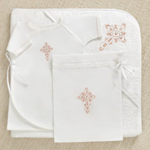 Крестильный набор Перышко розовое с махровым уголком