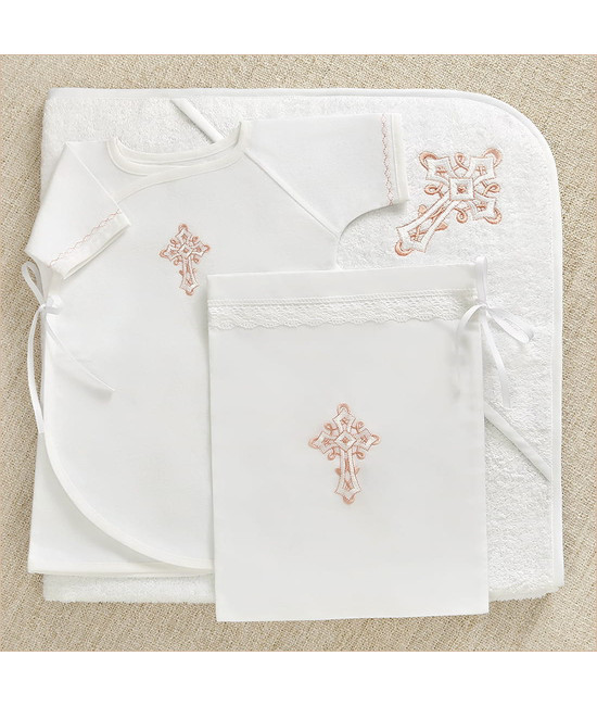 Крестильный набор Перышко розовое с махровым уголком