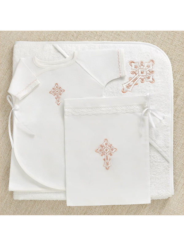 Крестильный набор Перышко розовое с махровым уголком