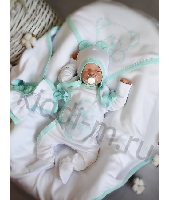 Летний комплект на выписку Picolita Лайт-Мишка белый-мята